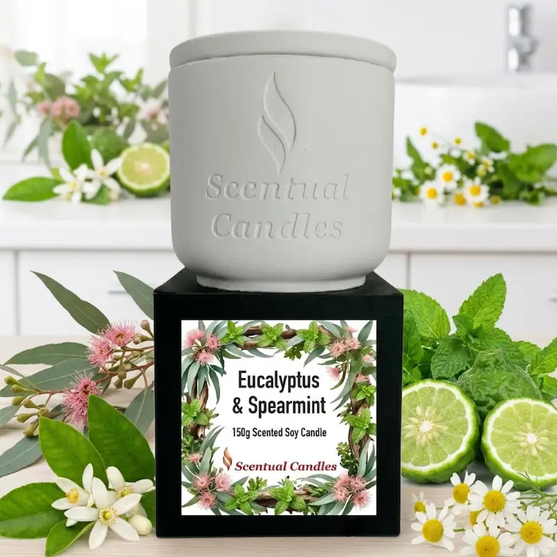 Australian Botanicals Eucalyptus Candle with Spearmint in a decorative pot surrounded by fresh eucalyptus and spearmint leaves.