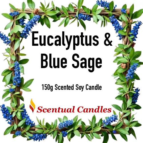 Eucalyptus & Blue Sage scented soy candle by Scentual Candles featuring Australian Botanicals, 150g product image with floral design