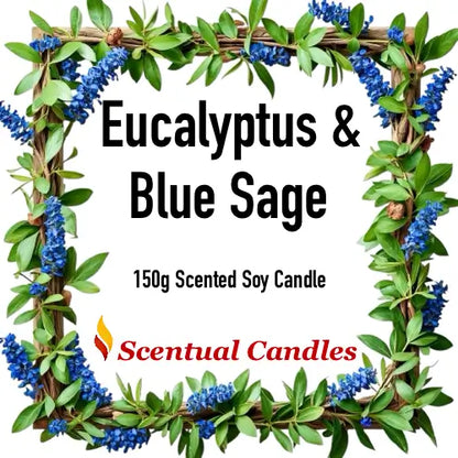 Eucalyptus & Blue Sage scented soy candle by Scentual Candles featuring Australian Botanicals, 150g product image with floral design