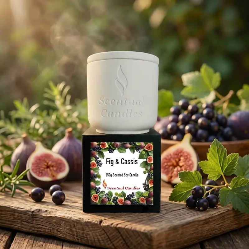 Fig Candle - Fig and Cassis Scented Soy Candle displayed with figs and berries in a natural setting.
