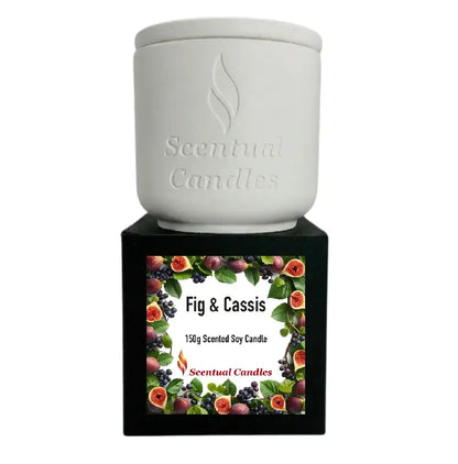 Fig and Cassis Scented Soy Candle in decorative packaging, showcasing a blend of rich fruit and botanical aromas.