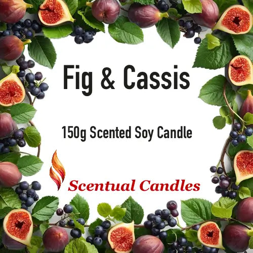Part of the Blood Orange Fig and Lychee Candle Set, Fig & Cassis 150g Scented Soy Candle by Scentual Candles surrounded by fresh figs and berries.