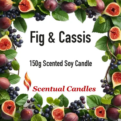 Part of the Blood Orange Fig and Lychee Candle Set, Fig & Cassis 150g Scented Soy Candle by Scentual Candles surrounded by fresh figs and berries.