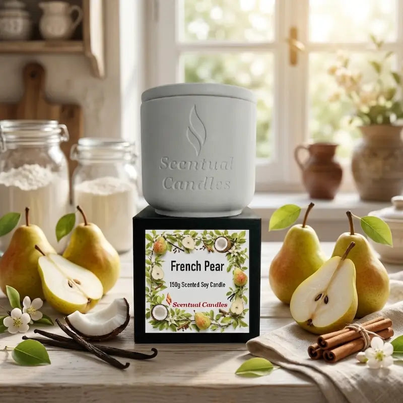 French Pear Candle in a stylish ceramic holder, showcasing its elegant design and fragrant notes of sweet pear.