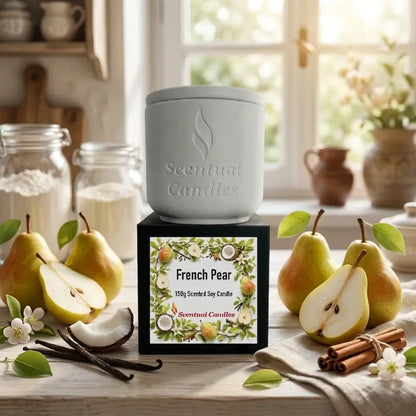 French Pear Candle in a stylish ceramic holder, showcasing its elegant design and fragrant notes of sweet pear.