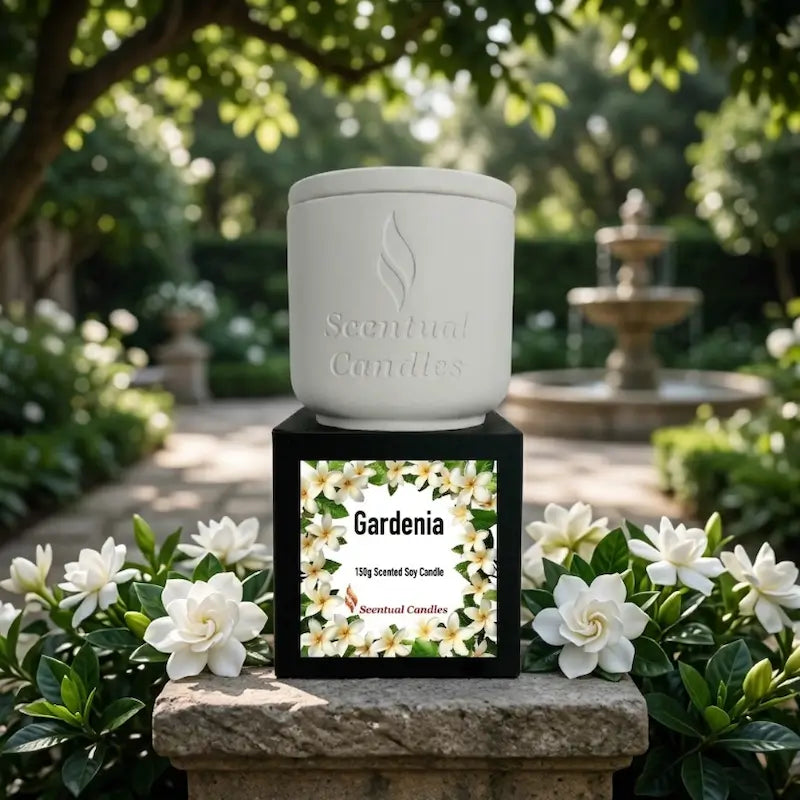 Gardenia Candle in a decorative holder with floral design, showcasing a 150g scented soy candle.