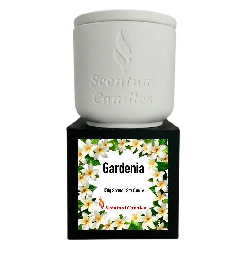 Gardenia Candle in a decorative holder with floral design, showcasing a 150g scented soy candle.