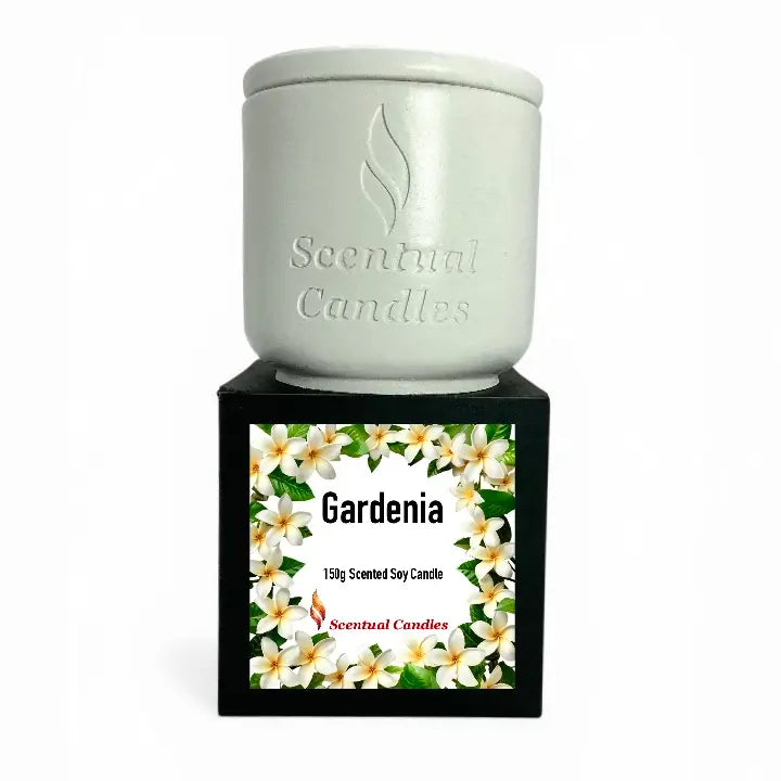 Gardenia Candle in a white container with floral design, showcasing its elegant packaging and scented soy features.