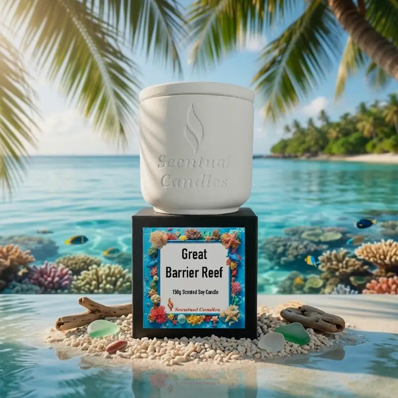 Tropical Scented Candle Great Barrier Reef in a decorative soy candle jar by Scentual Candles.