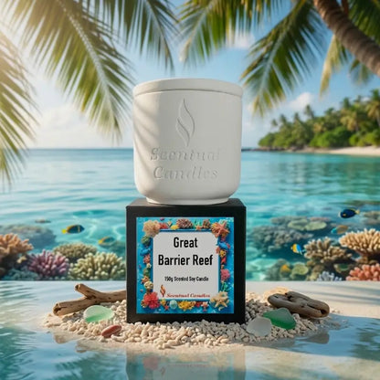 Tropical Scented Candle Great Barrier Reef in a decorative soy candle jar by Scentual Candles.