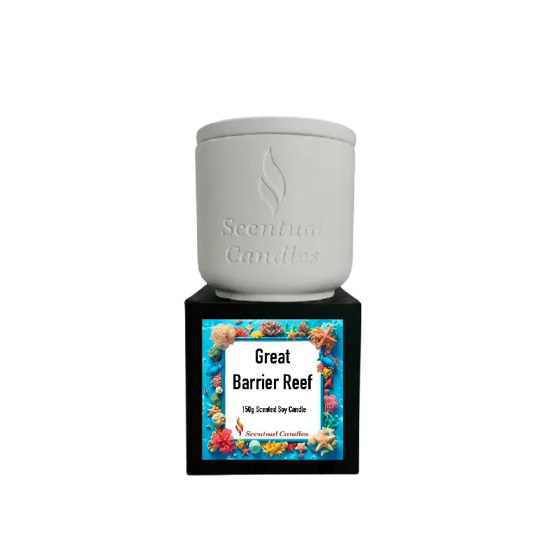 Tropical Scented Candle Great Barrier Reef in a decorative soy candle jar by Scentual Candles.