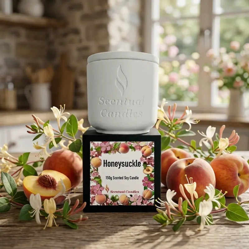 Honeysuckle Candle displayed with fruits and flowers in a cozy setting, exemplifying soft fruity floral fragrance.