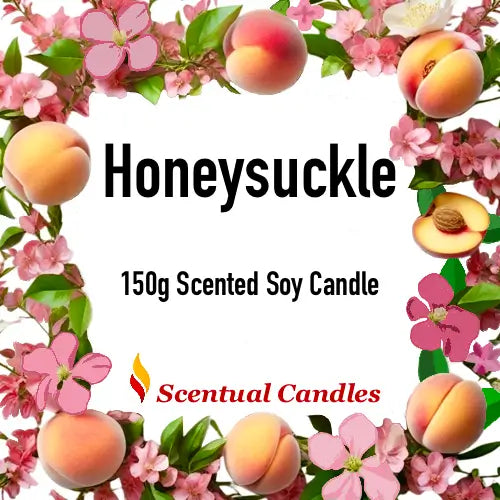 Honeysuckle 150g scented soy candle with floral and peach design, part of the Living Room Scented Candles Set by Scentual Candles.