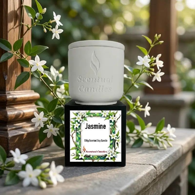 Jasmine Candle in a decorative holder, 150g scented soy candle by Scentual Candles.
