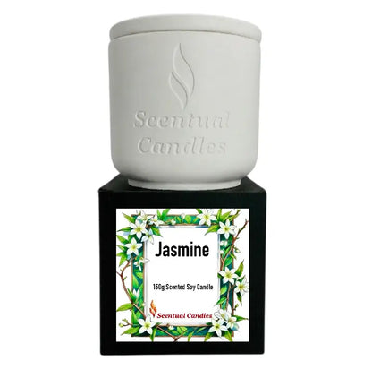 Jasmine Candle in a decorative holder, 150g scented soy candle by Scentual Candles.