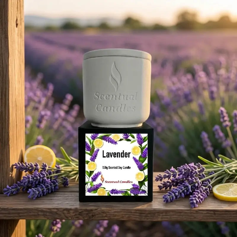 Lavender Candle in a stylish container, featuring a vibrant label with lavender and lemon, perfect for relaxation.