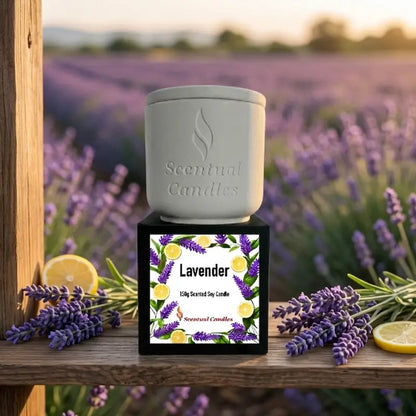 Lavender Candle in a stylish container, featuring a vibrant label with lavender and lemon, perfect for relaxation.