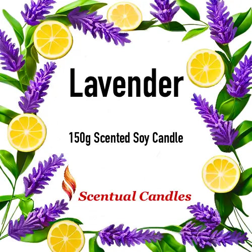 Scented Candle Duo featuring Lavender scent with lemon slices, 150g soy candle surrounded by lavender flowers.