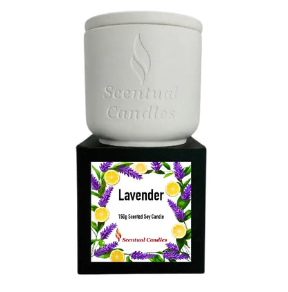 Lavender Candle in a stylish container, featuring a vibrant label with lavender and lemon, perfect for relaxation.