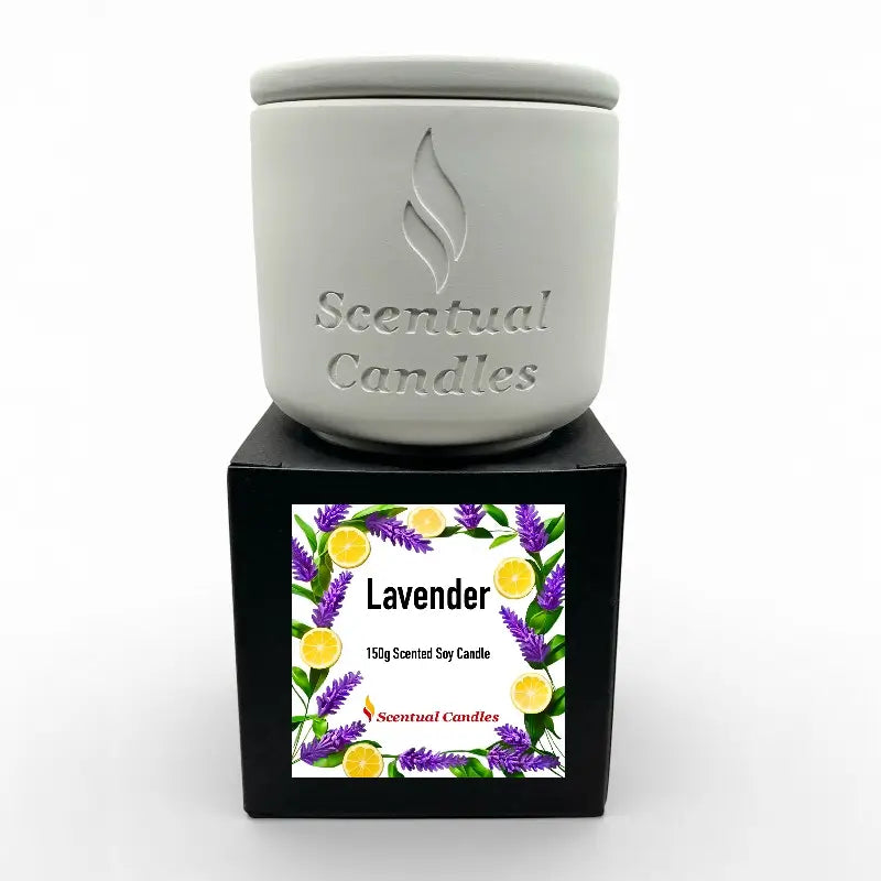 Scented Candle Duo featuring Lavender scent in a decorative 150g container for relaxation.