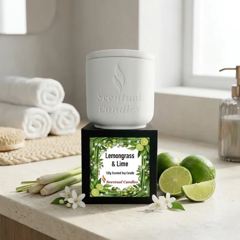 Lemongrass Candle with Lime and Jasmine in a decorative holder from Scentual Candles.