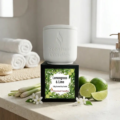 Lemongrass Candle with Lime and Jasmine in a decorative holder from Scentual Candles.