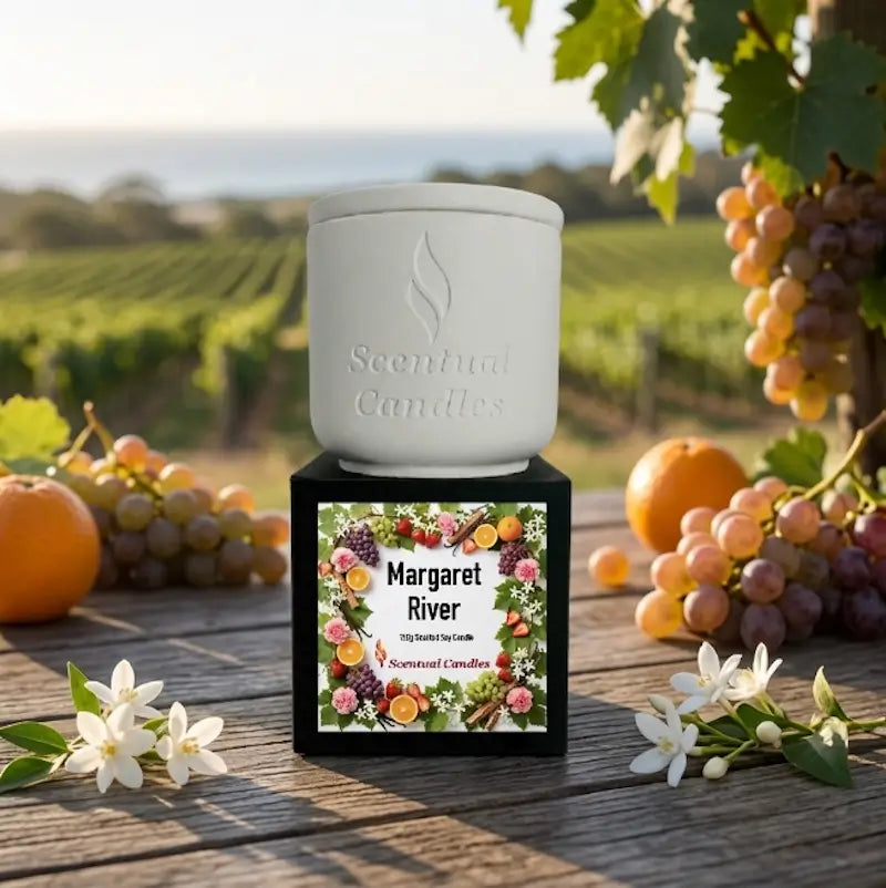 Margaret River Candle in white container with floral design, showcasing Scentual Candles' scented soy candle.