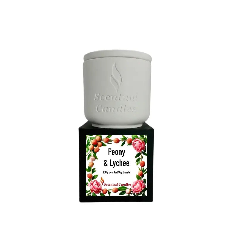 Peony & Lychee Scented Soy Candle in white jar with floral design, part of Blood Orange Fig and Lychee Candle Set.