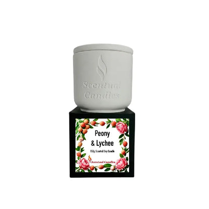 Peony & Lychee Scented Soy Candle in white jar with floral design, part of Blood Orange Fig and Lychee Candle Set.