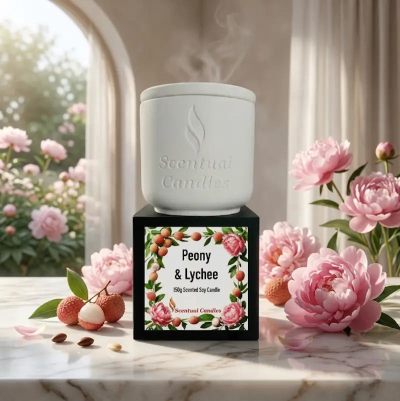 Lychee Scented Candle displayed in a white container with floral peony and lychee label, showcasing its tropical fragrance.
