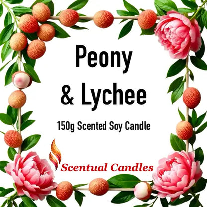 Part of the Blood Orange Fig and Lychee Candle Set Peony & Lychee 150g Scented Soy Candle in floral frame with vibrant peonies and lychee fruit.