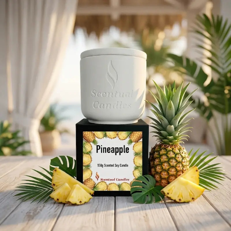 Pineapple Scented soy candle by Scentual Candles in white container with pineapple label, 150g size.