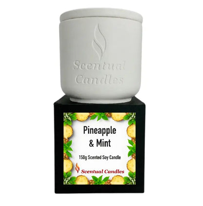 Pineapple and Mint Scented Soy Candle in stylish white container by Scentual Candles, showcasing a refreshing tropical aroma.