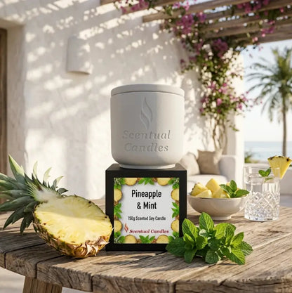 Pineapple and Mint Scented Soy Candle in stylish white container by Scentual Candles, showcasing a refreshing tropical aroma.