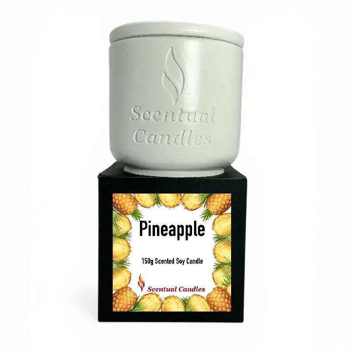 Pineapple Scented Soy Candle with white jar and tropical label displaying juicy pineapples and brand logo.