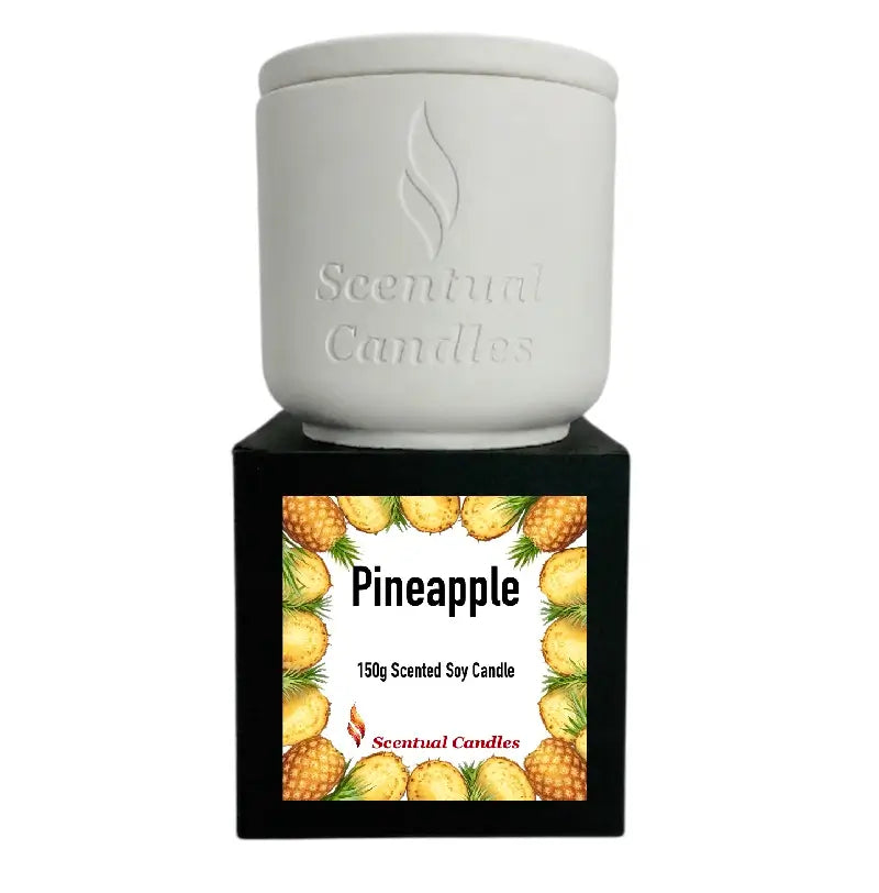 Pineapple Scented soy candle by Scentual Candles in white container with pineapple label, 150g size.