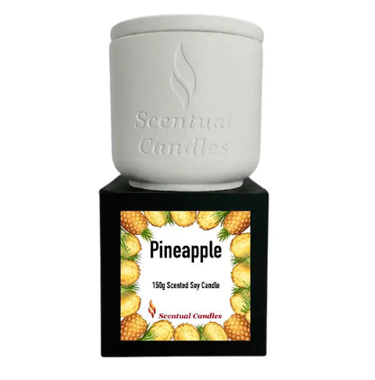 Pineapple Scented soy candle by Scentual Candles in white container with pineapple label, 150g size.