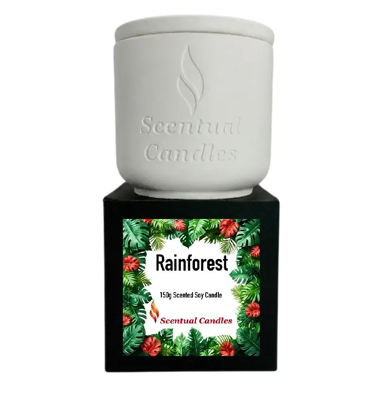 Rainforest Scented Candle in a stylish ceramic container with vibrant tropical design, featuring floral and green accents.