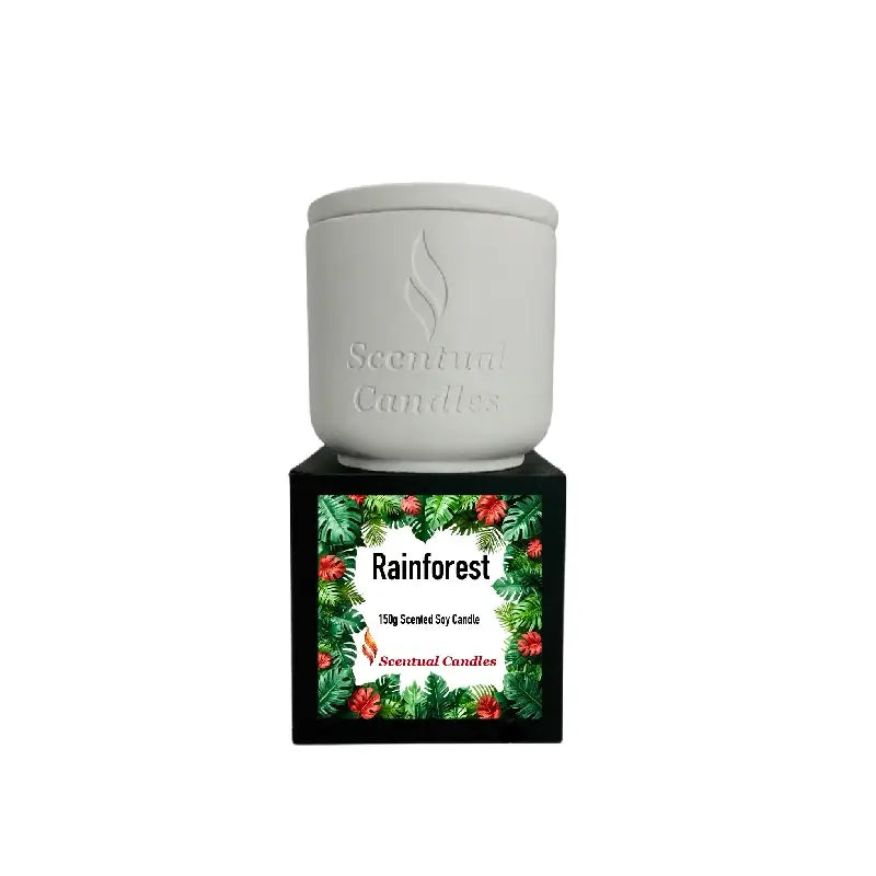 Relax Candle Pack featuring the Rainforest scented candle in a stylish container.