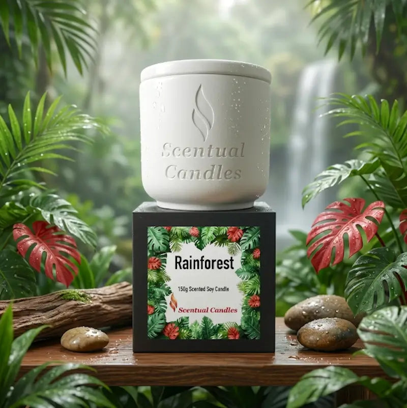 Rainforest Scented Candle in a stylish ceramic container with vibrant tropical design, featuring floral and green accents.