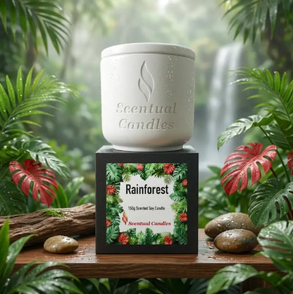 Rainforest Scented Candle in a stylish ceramic container with vibrant tropical design, featuring floral and green accents.