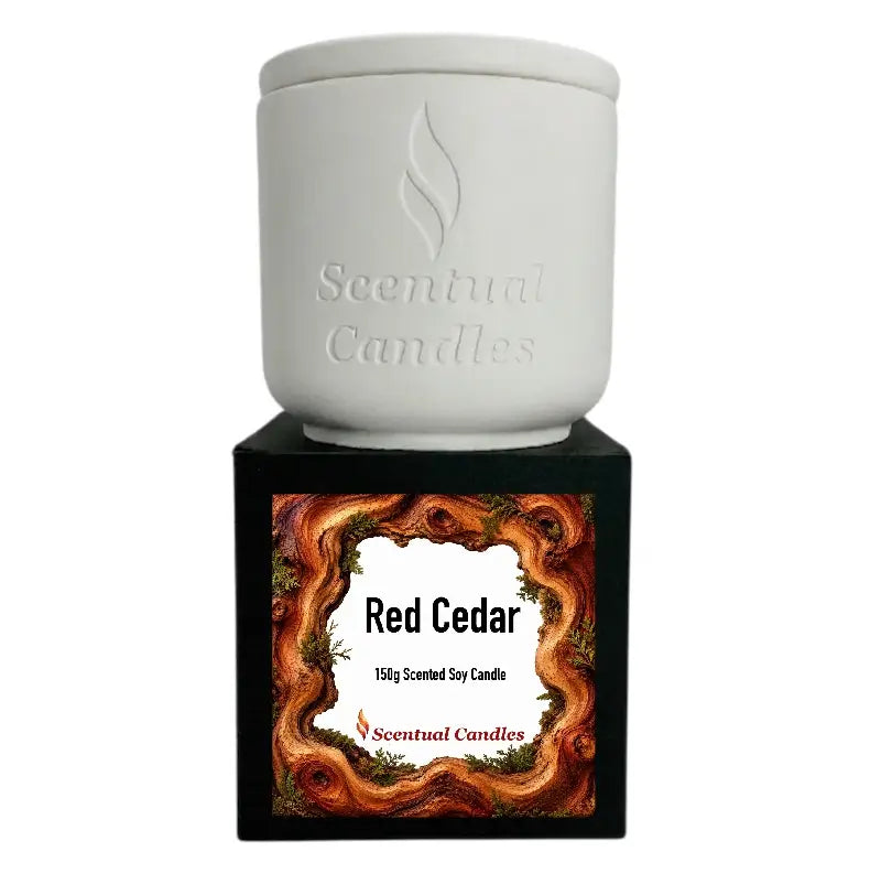 Red Cedar Candle from Scentual Candles, 150g scented soy candle with a decorative label.