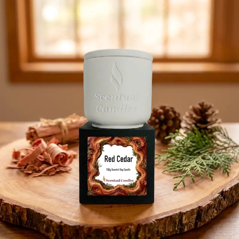 Red Cedar Candle from Scentual Candles, 150g scented soy candle with a decorative label.