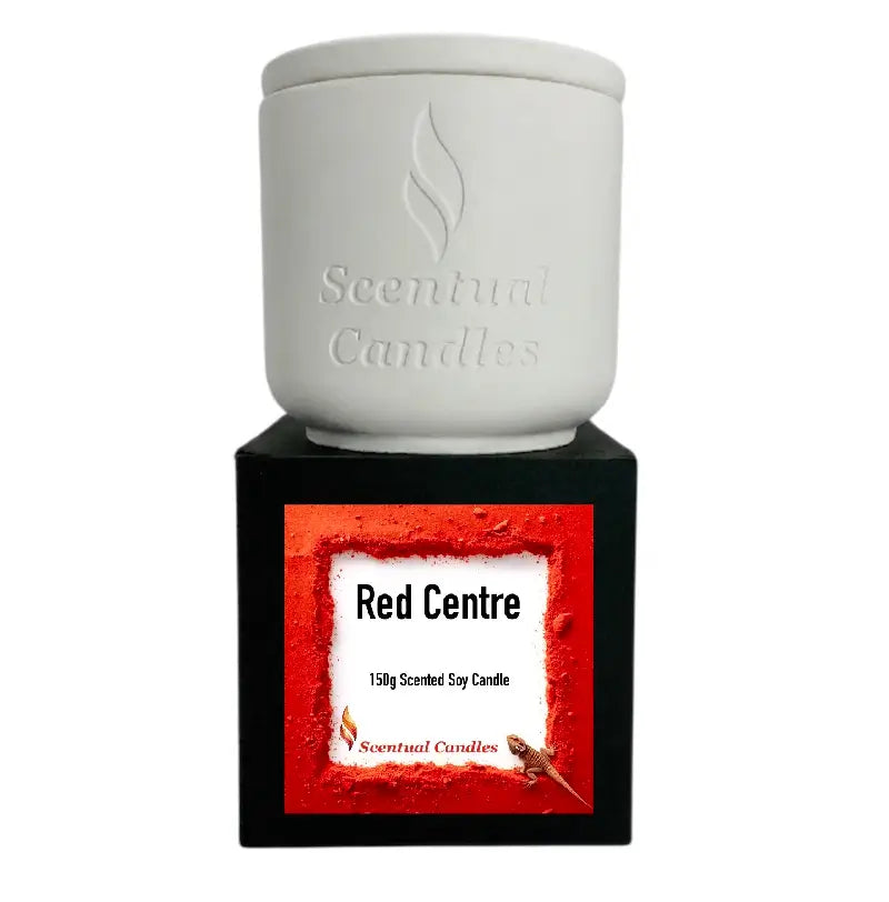 Spicy Vanilla and Buddhawood 'Red Centre' Candle in white ceramic holder with a bold label design.