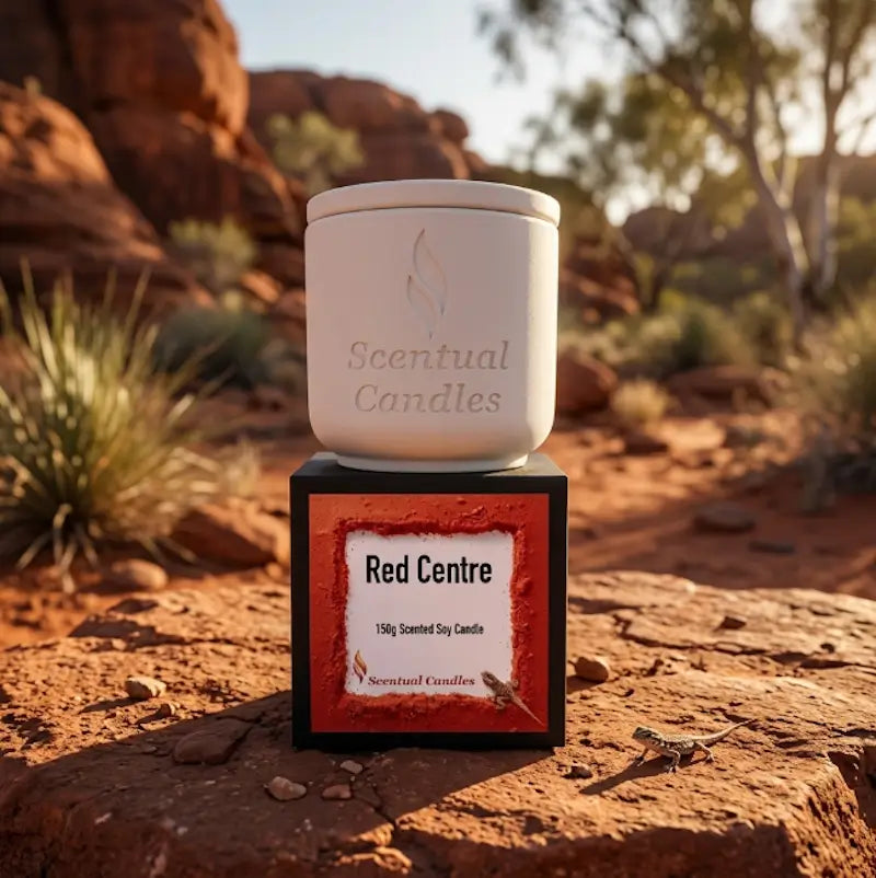 Spicy Vanilla and Buddhawood 'Red Centre' Candle in white ceramic holder with a bold label design.