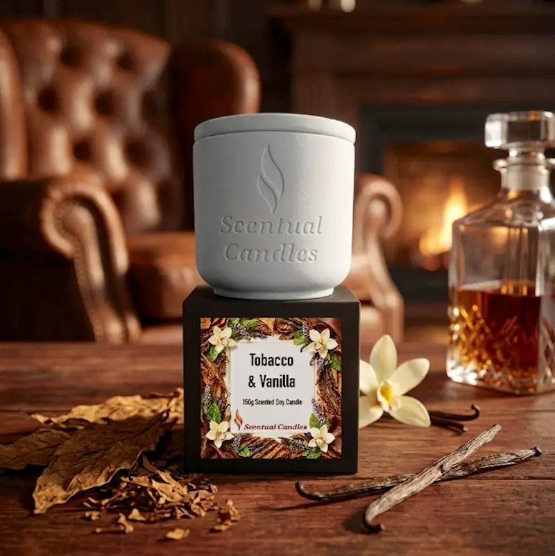 Tobacco Scented Candle displayed in a white ceramic container with a decorative label featuring tobacco and vanilla elements.