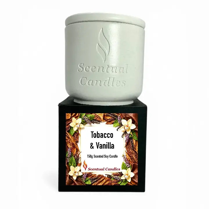 Tobacco Scented Candle in a white container, featuring a floral label with Tobacco & Vanilla aroma.