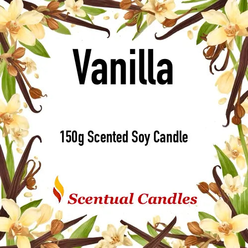 Vanilla Trio 150g Scented Soy Candle by Scentual Candles with floral and vanilla bean design