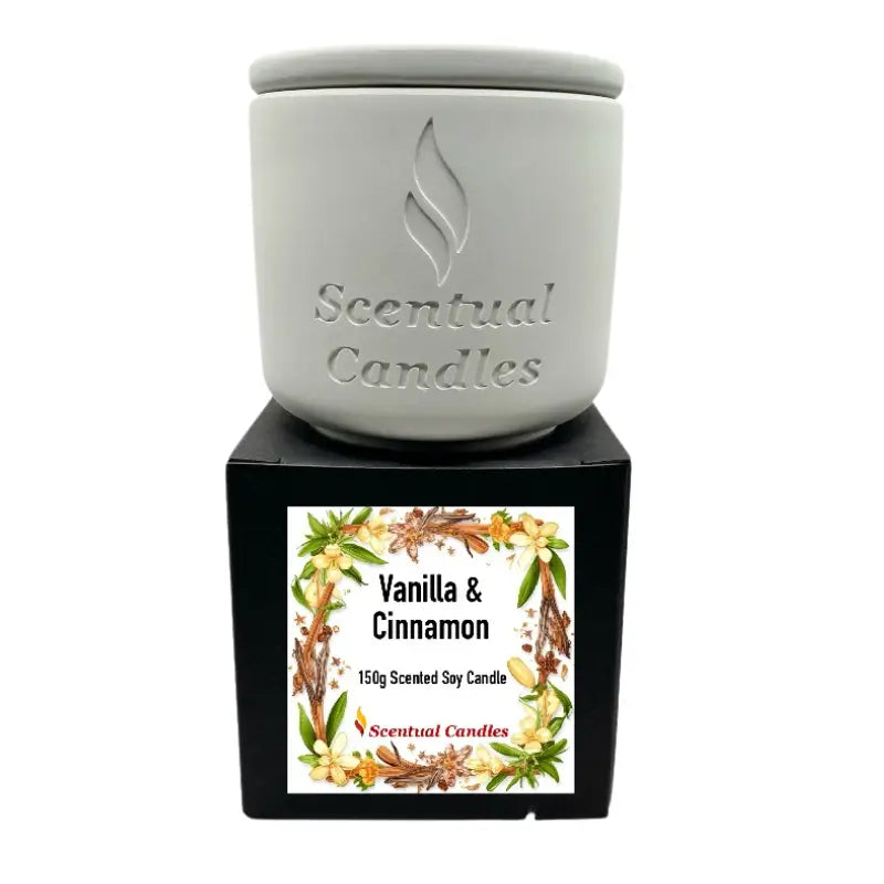 Vanilla and Spice Candle Gift Set in white hydrostone jar with a 150g soy candle, presented in a black box with floral design.