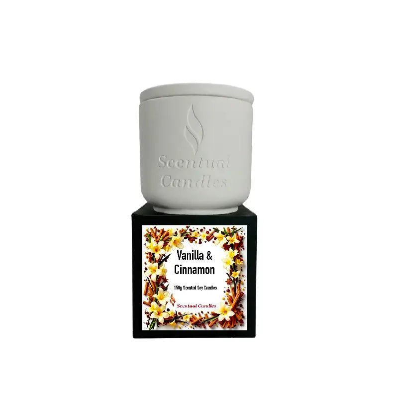 Vanilla and Spice Candle in a hydrostone jar surrounded by floral and spice decorations.